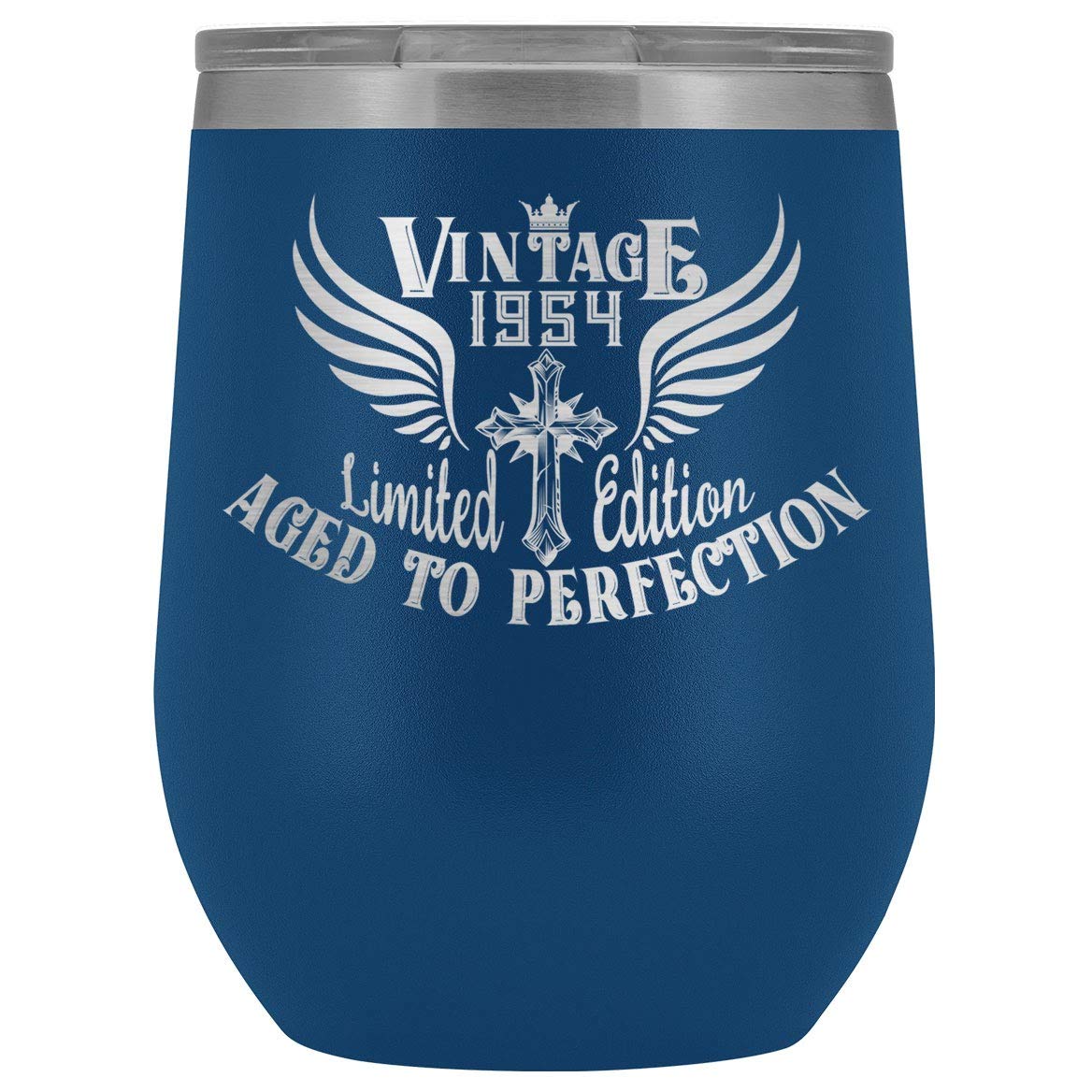 PAW8888 1954 70th Birthday Wine Tumbler Gift for Him Her, Gifts for Men, Women, Cross Vintage 1954 Aged To Perfection. Double Wall Stainless Steel Stemless Insulated Wine Glass - Blue