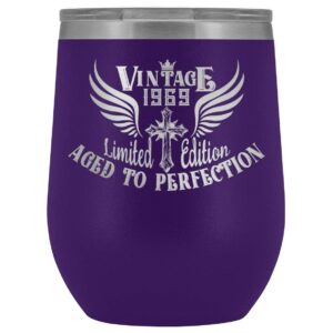 paw8888 1969 55th birthday wine tumbler gift for him her, gifts for men, women, cross vintage 1969 aged to perfection. double wall stainless steel stemless insulated wine glass - purple