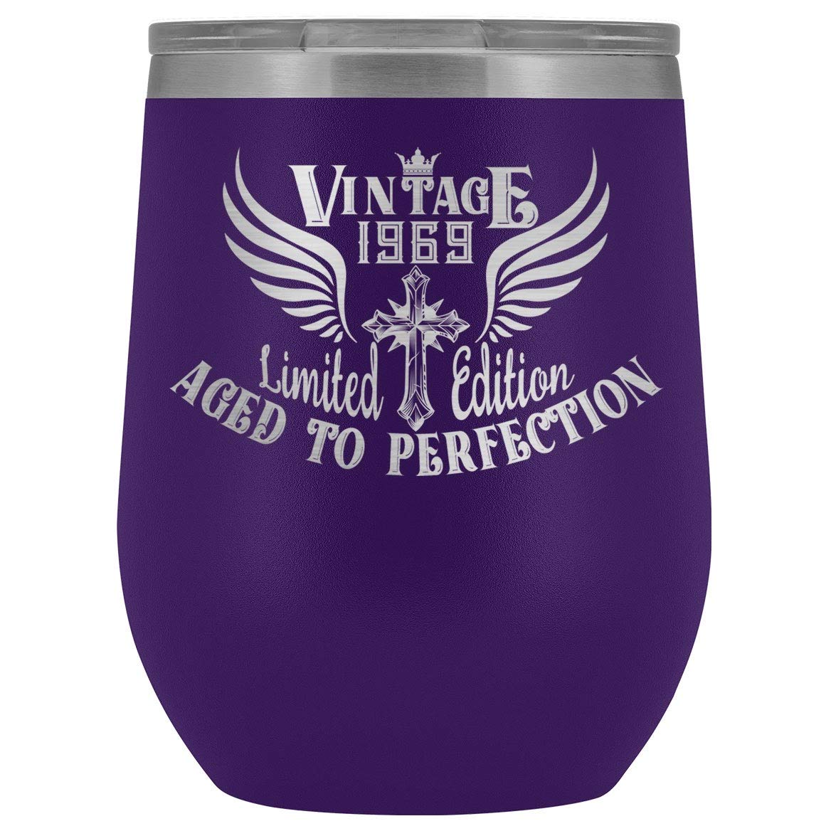 PAW8888 1969 55th Birthday Wine Tumbler Gift for Him Her, Gifts for Men, Women, Cross Vintage 1969 Aged To Perfection. Double Wall Stainless Steel Stemless Insulated Wine Glass - Purple