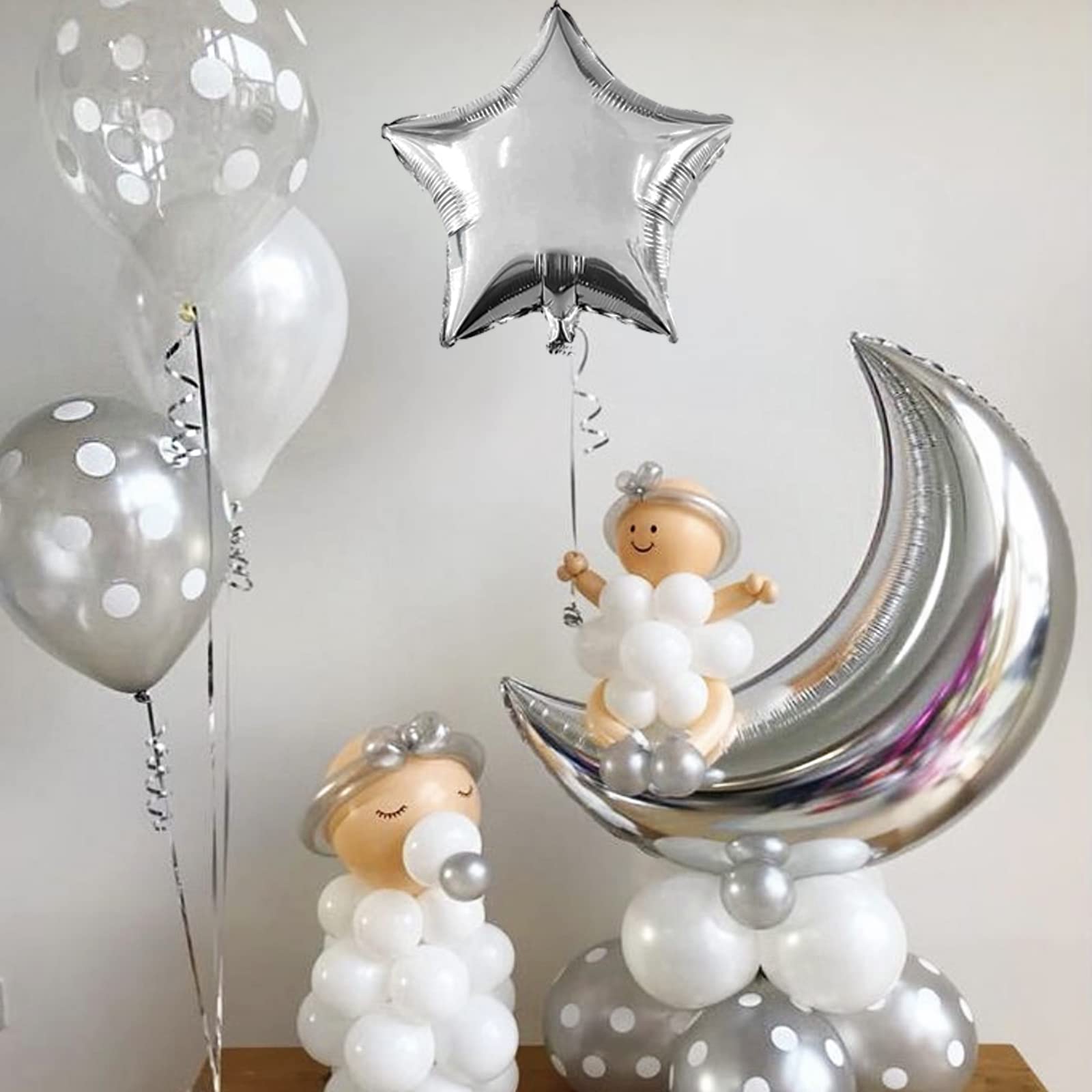 54Pcs Star Foil Balloons Moon Foil Mylar Balloons with 50Pcs Silver Star Balloons and 4Pcs Large Moon Foil Balloons for Baby Shower Christmas Anniversary Engagement Wedding Birthday Party Decoration