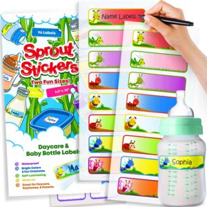 sprout stickers baby bottle labels for kids and babies - 96 daycare labels - kids waterproof labels - self laminating, easy to use - daycare supplies - name labels for kids - for school, reusable