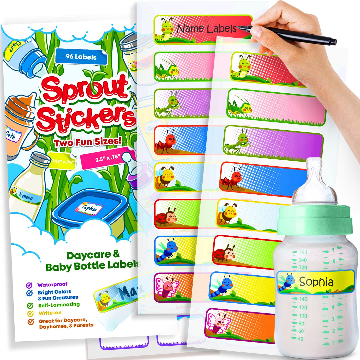 Sprout Stickers Baby Bottle Labels for Kids and Babies - 96 Daycare Labels - Kids Waterproof Labels - Self Laminating, Easy to Use - Daycare Supplies - Name Labels for Kids - for School, Reusable