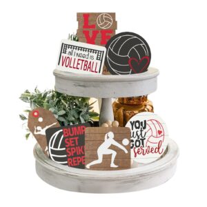 6 pieces volleyball tiered tray decorations, happy volleyball sport wooden signs items decor, rustic farmhouse tray sets for kitchen home table mini decor volleyball themed game contest party supplies