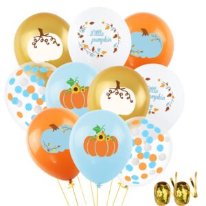 Blue Little Pumpkin Balloons, Fall Balloons Maple Leaf Pumpkin Balloons Garland with Blue Silver Orange Confetti Balloons for Boy Little Pumpkin Baby Shower Birthday Thanksgiving Party Decorations