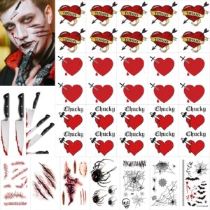86+ pcs bride of chucky tattoos, 3 styles chucky tattoos and tiffany tattoos, fake scar spider tattoo for halloween, perfect for tiffany costume bride of chucky or halloween temporary tattoos cosplay