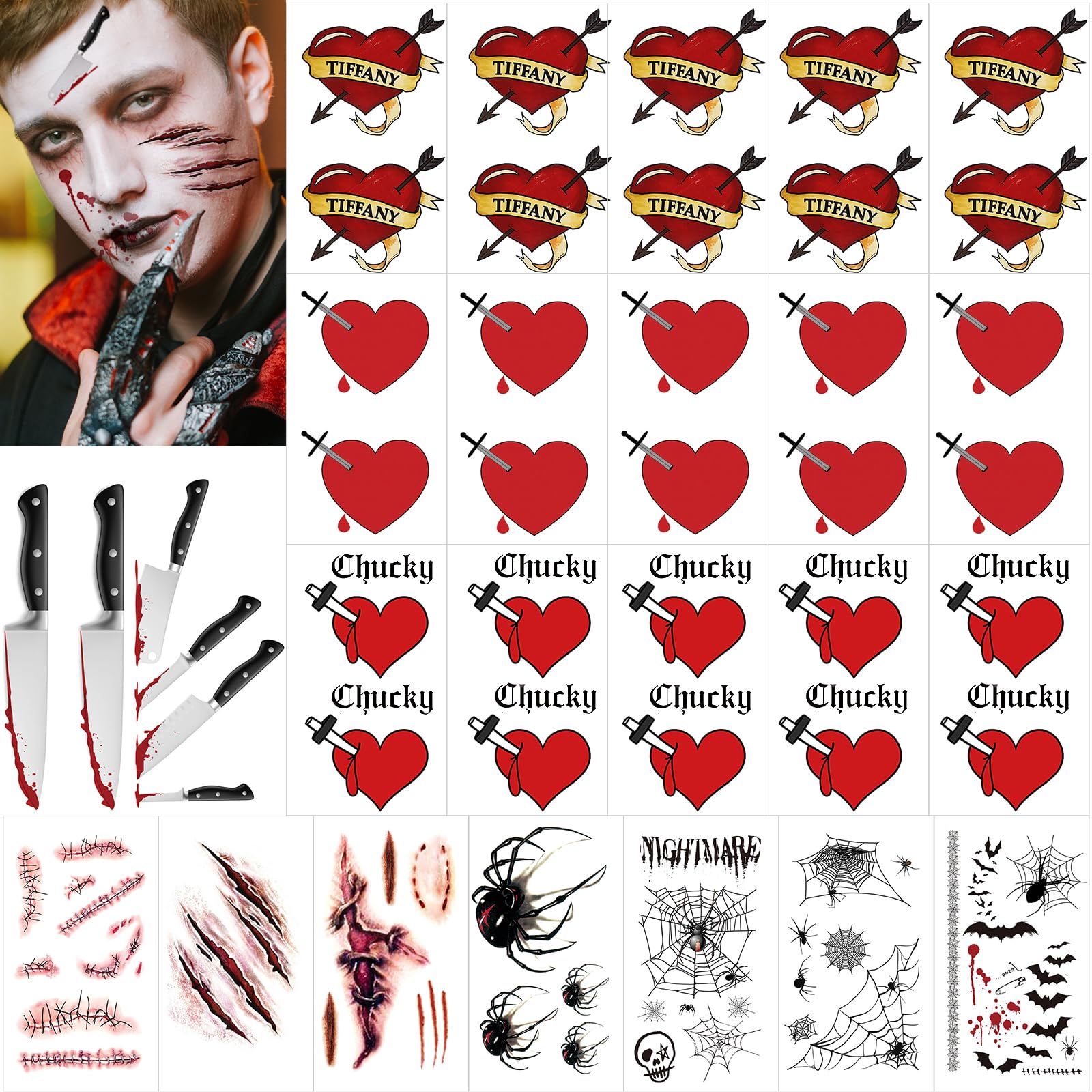 86+ PCS Bride of Chucky Tattoos, 3 Styles Chucky Tattoos and Tiffany Tattoos, Fake Scar Spider Tattoo for Halloween, Perfect for Tiffany Costume Bride of Chucky or Halloween Temporary Tattoos Cosplay