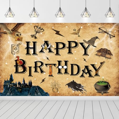 QIEXI Wizard Birthday Backdrop Wizard Happy Birthday Party Decoration Backdrop for Boy Girl Birthday Party Banner Witch Party Theme Decoration Supplies Wizard School Decoration 5x3ft