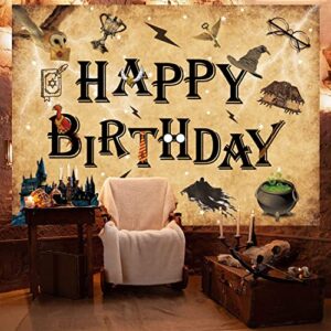 QIEXI Wizard Birthday Backdrop Wizard Happy Birthday Party Decoration Backdrop for Boy Girl Birthday Party Banner Witch Party Theme Decoration Supplies Wizard School Decoration 5x3ft