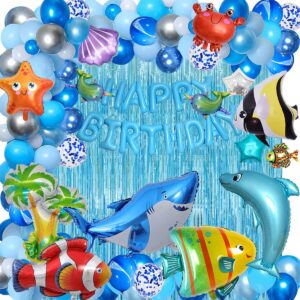 yinqin 176 pcs ocean blue happy birthday party balloons with pump under sea fish birthday balloons decorations baby shark happy birthday balloons set blue sea happy birthday party supplies for kid