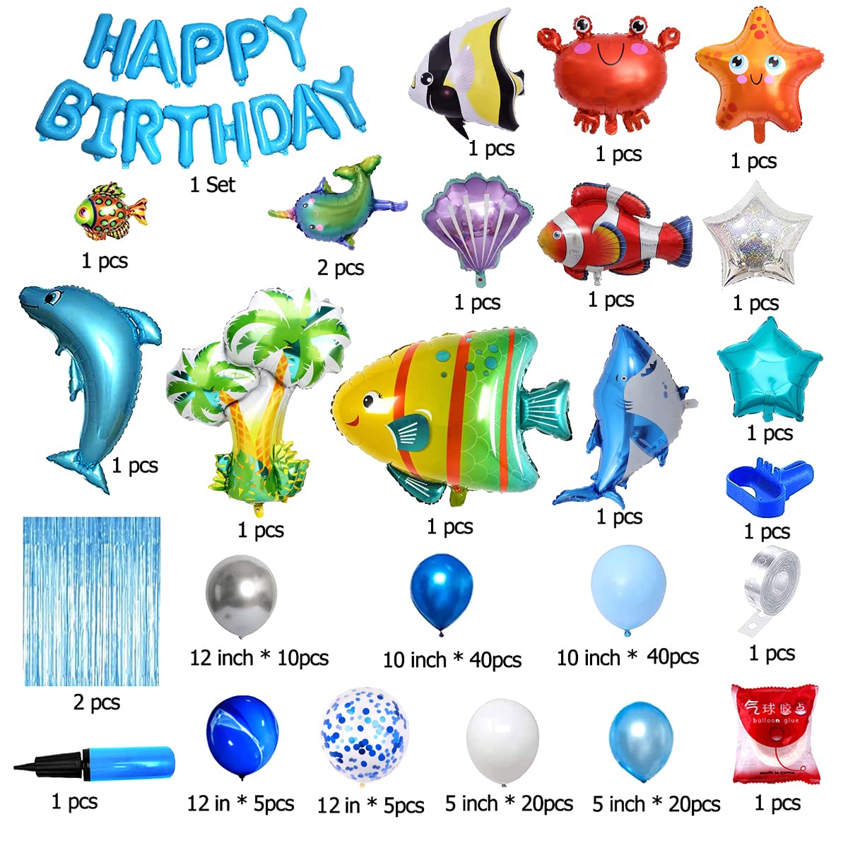 YinQin 176 PCS Ocean Blue Happy Birthday Party Balloons with Pump Under Sea Fish Birthday Balloons Decorations Baby Shark Happy Birthday Balloons Set Blue Sea Happy Birthday Party Supplies for Kid