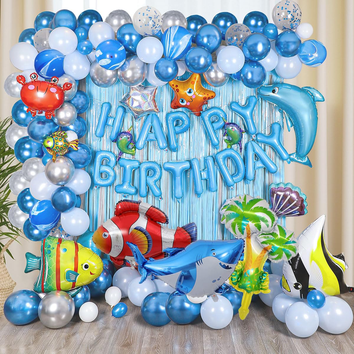 YinQin 176 PCS Ocean Blue Happy Birthday Party Balloons with Pump Under Sea Fish Birthday Balloons Decorations Baby Shark Happy Birthday Balloons Set Blue Sea Happy Birthday Party Supplies for Kid