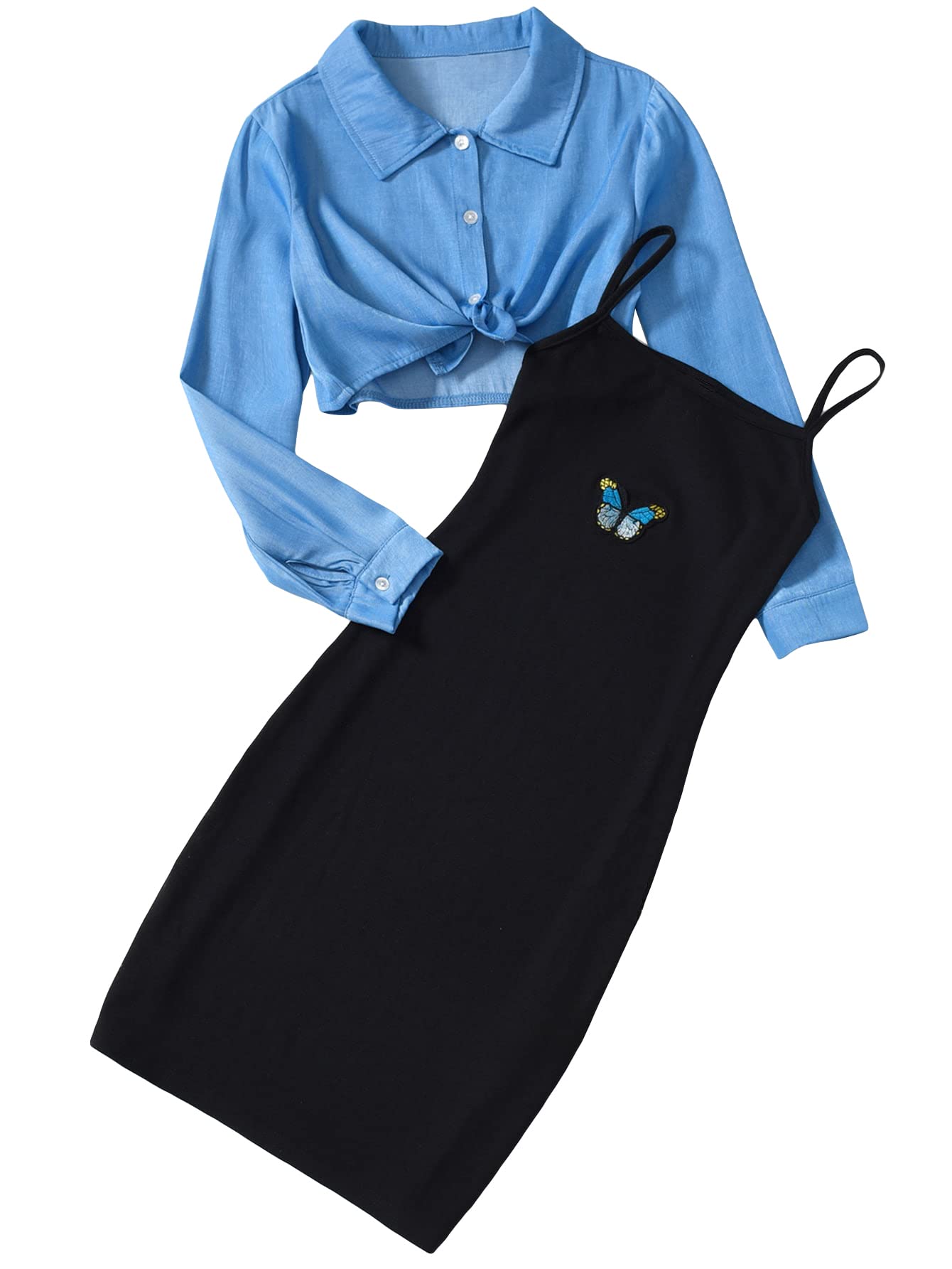 OYOANGLE Girl's 2 Piece Outfit Butterfly Patched Cami Dress with Long Sleeve Button Down Crop Shirt Set Blue and Black 11-12Y