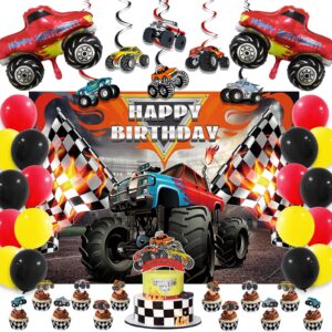 monster truck birthday party supplies, hot wheels birthday decorations, includes happy birthday backdrop, monster jam foil balloons, truck hanging swirls, cake&cupcake toppers, multicolor balloons