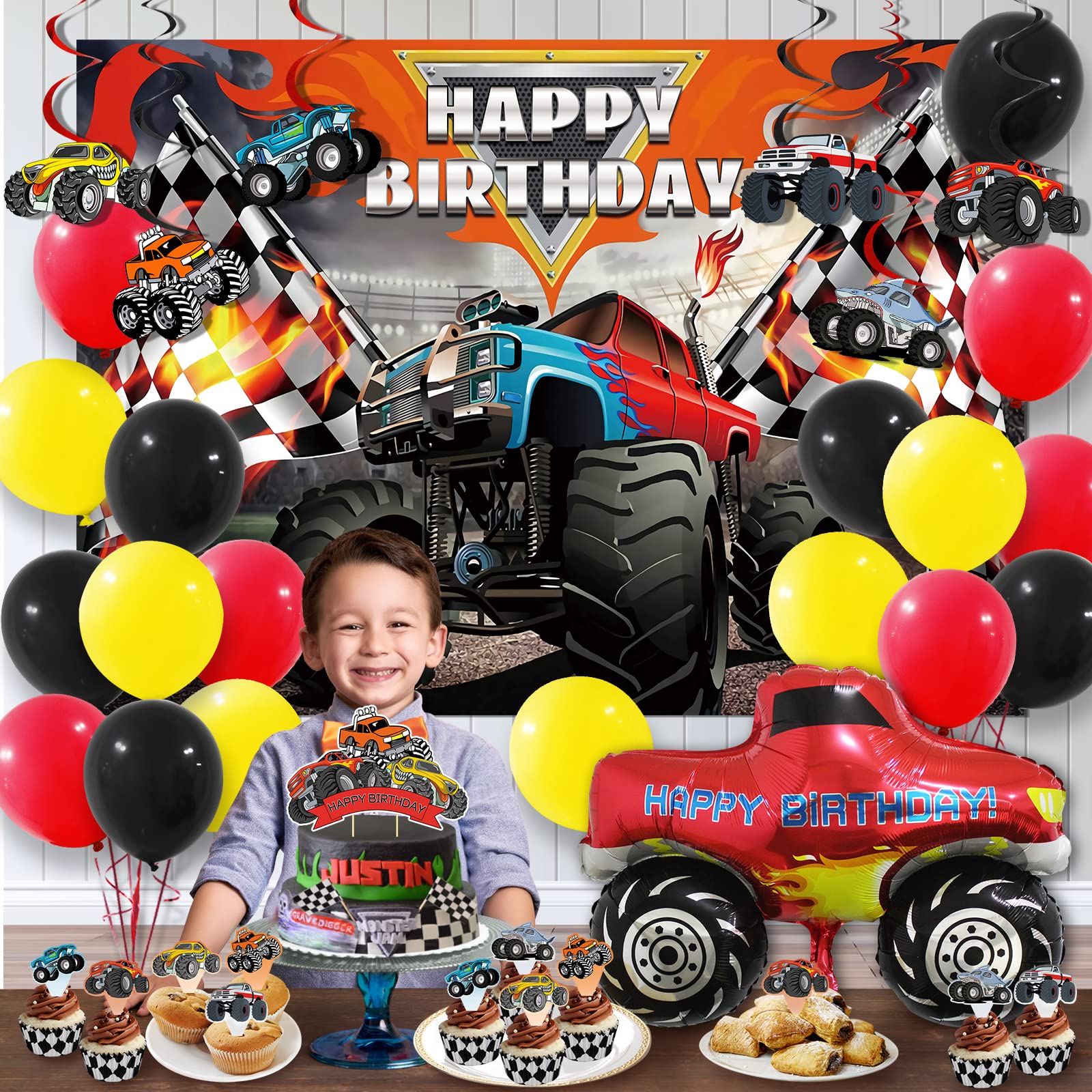 Monster Truck Birthday Party Supplies, Hot Wheels Birthday Decorations, Includes Happy Birthday Backdrop, Monster Jam Foil Balloons, Truck Hanging Swirls, Cake&Cupcake Toppers, Multicolor Balloons