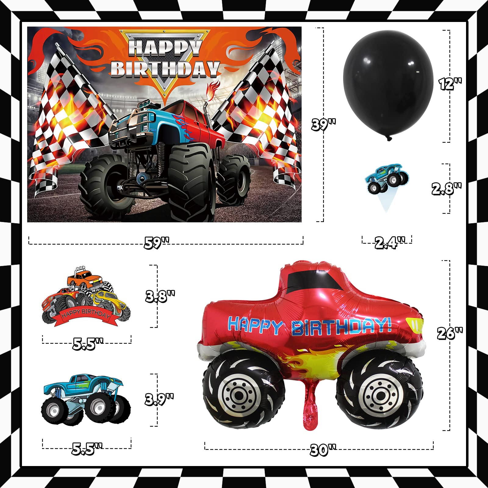 Monster Truck Birthday Party Supplies, Hot Wheels Birthday Decorations, Includes Happy Birthday Backdrop, Monster Jam Foil Balloons, Truck Hanging Swirls, Cake&Cupcake Toppers, Multicolor Balloons