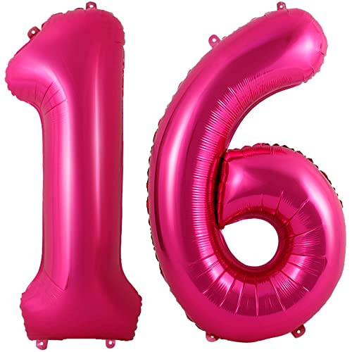 40 Inch Hot Pink 16 Number Balloons Big Giant Jumbo Bright Pink Number Balloon Large Foil Mylar Helium Dark Pink Digital Balloon Sweet 16th Birthday Anniversary Party Decorations Supplies for Girls