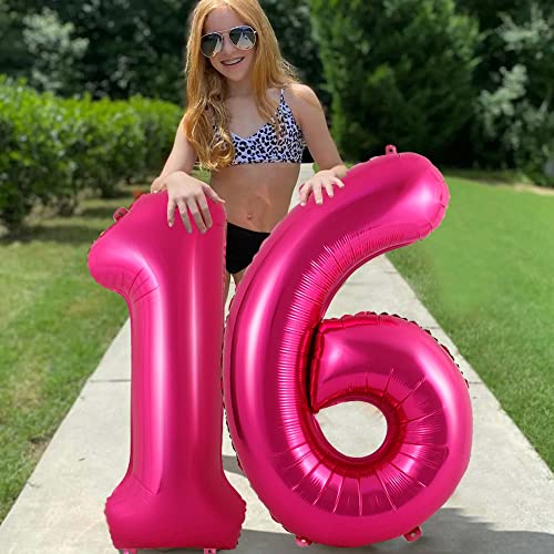 40 Inch Hot Pink 16 Number Balloons Big Giant Jumbo Bright Pink Number Balloon Large Foil Mylar Helium Dark Pink Digital Balloon Sweet 16th Birthday Anniversary Party Decorations Supplies for Girls