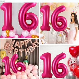 40 Inch Hot Pink 16 Number Balloons Big Giant Jumbo Bright Pink Number Balloon Large Foil Mylar Helium Dark Pink Digital Balloon Sweet 16th Birthday Anniversary Party Decorations Supplies for Girls