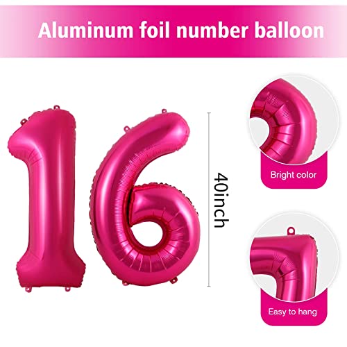 40 Inch Hot Pink 16 Number Balloons Big Giant Jumbo Bright Pink Number Balloon Large Foil Mylar Helium Dark Pink Digital Balloon Sweet 16th Birthday Anniversary Party Decorations Supplies for Girls