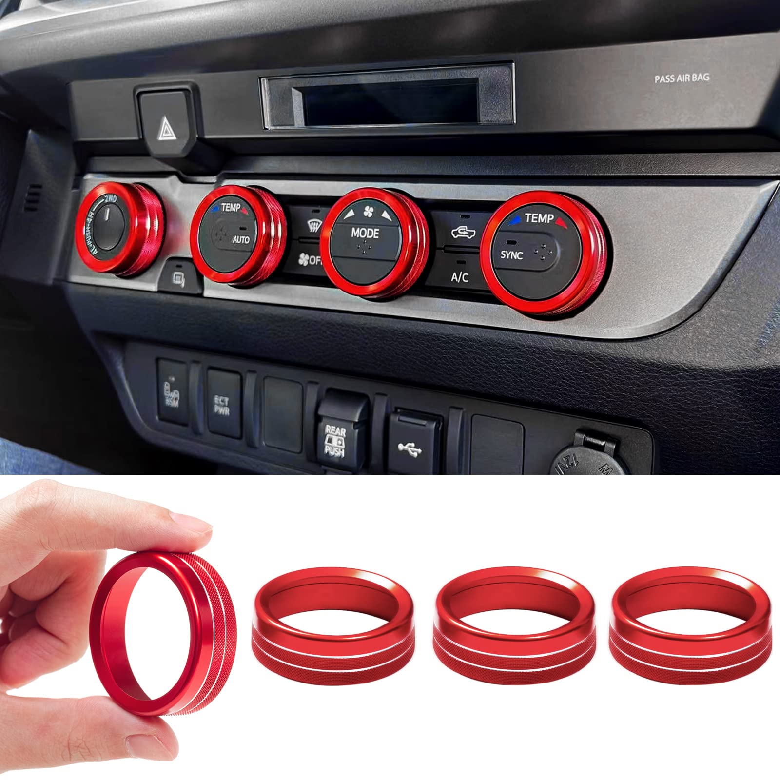 JKCOVER Interior Decorated Button Knob Covers Compatible with Toyota Tacoma 2023 2022 2021 2020 2019 2018 2017 2016, 4WD Temp Air Conditioner AC Switch Audio CD Aluminum Alloy Knob Ring (Red,4pcs)