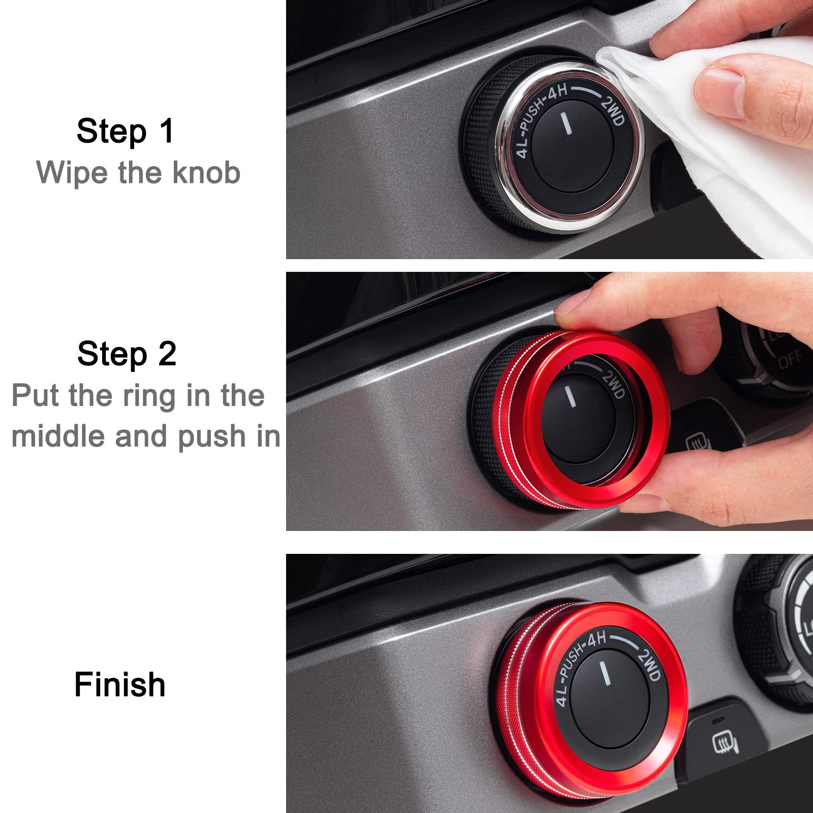 JKCOVER Interior Decorated Button Knob Covers Compatible with Toyota Tacoma 2023 2022 2021 2020 2019 2018 2017 2016, 4WD Temp Air Conditioner AC Switch Audio CD Aluminum Alloy Knob Ring (Red,4pcs)