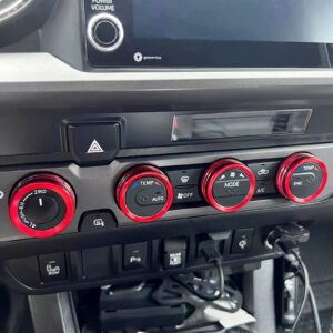 JKCOVER Interior Decorated Button Knob Covers Compatible with Toyota Tacoma 2023 2022 2021 2020 2019 2018 2017 2016, 4WD Temp Air Conditioner AC Switch Audio CD Aluminum Alloy Knob Ring (Red,4pcs)