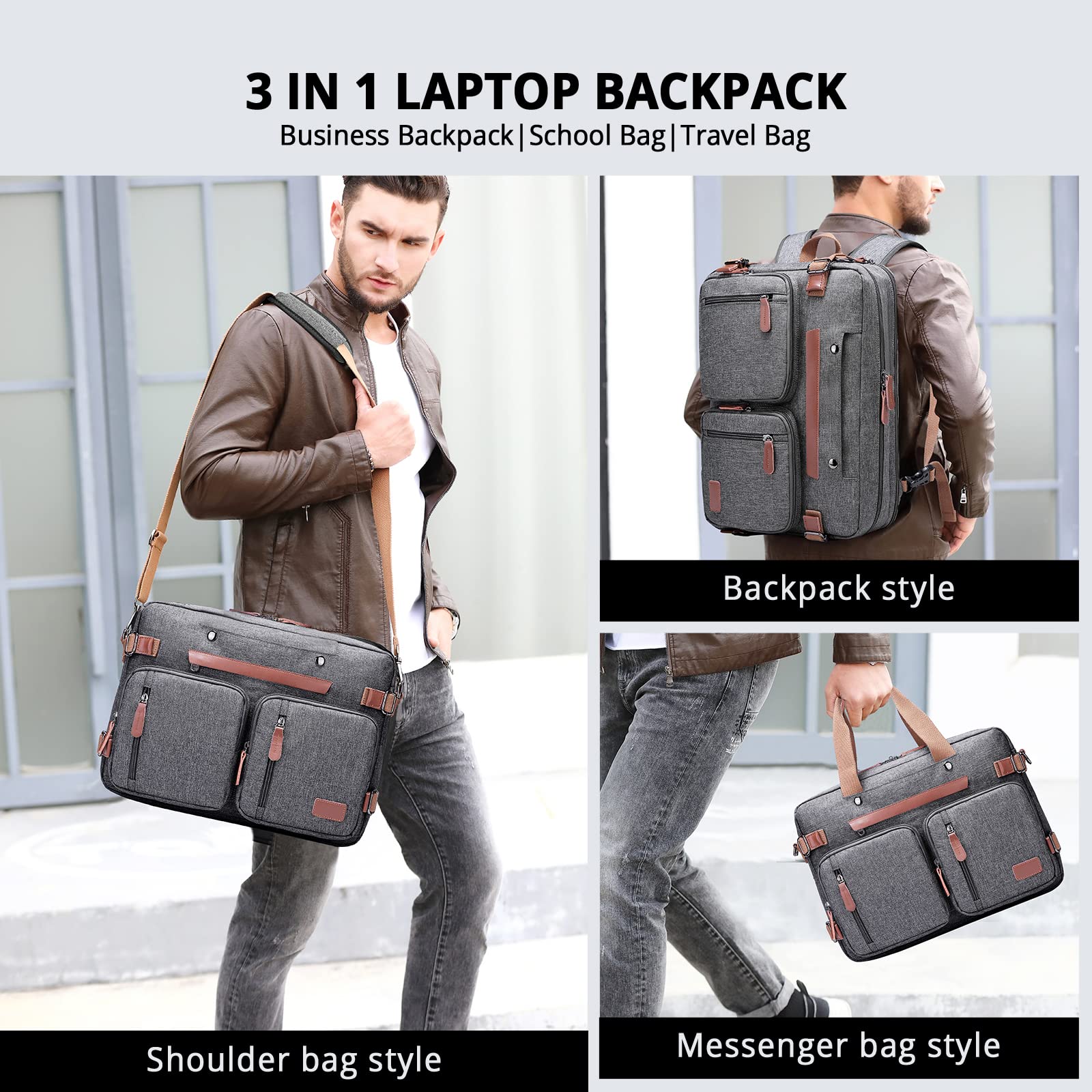 MOLNIA 3 in 1 Laptop Backpack, 17.3 inch Computer Bags for Men, Laptop Backpack for Men, for Travel Bussiness Men Women,Dark Grey