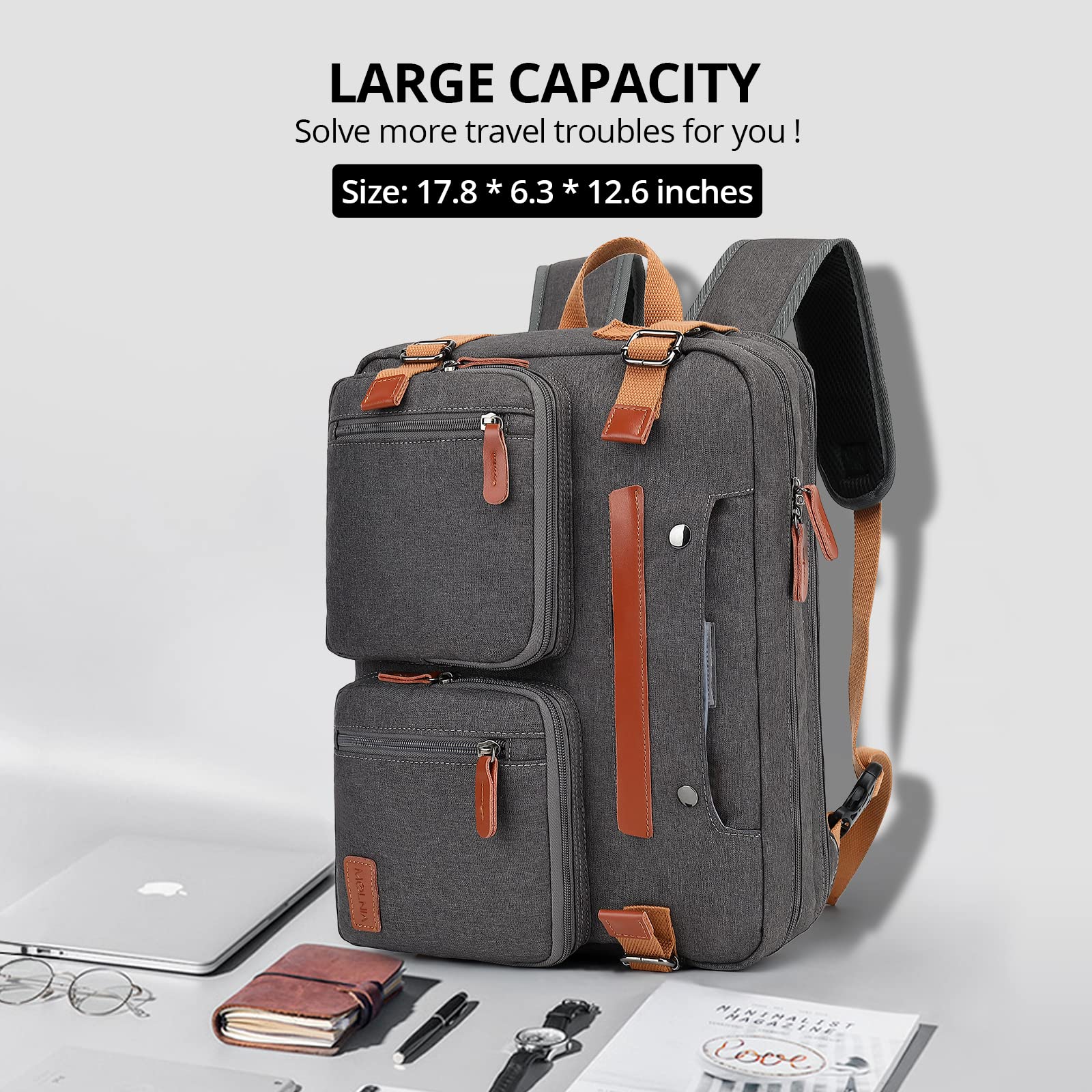 MOLNIA 3 in 1 Laptop Backpack, 17.3 inch Computer Bags for Men, Laptop Backpack for Men, for Travel Bussiness Men Women,Dark Grey