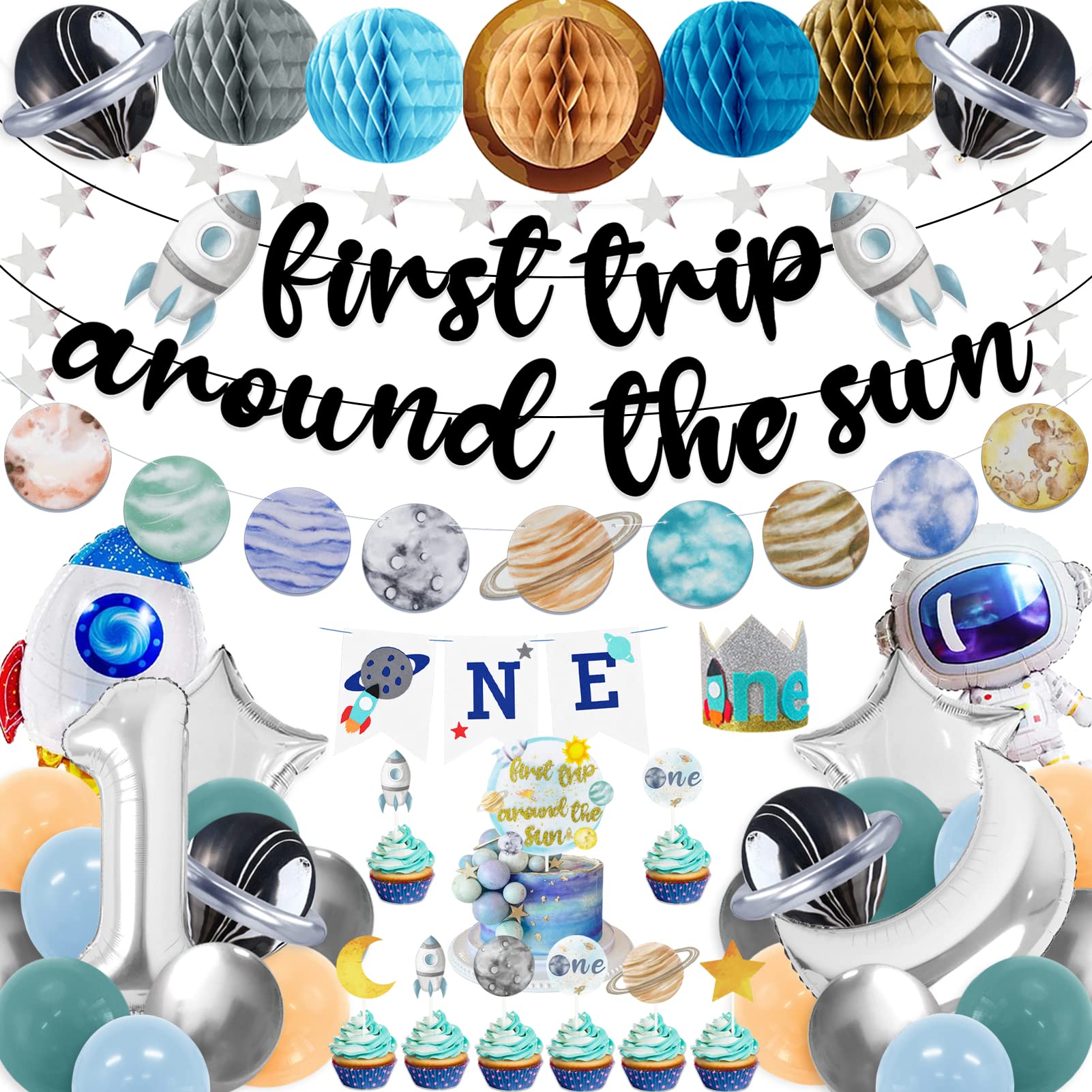 First Trip Around The Sun Birthday Party Decoration Pack, 1st Baby Shower Birthday Party Supplies Include Banner, Star Garland, High Chair ONE Banner, Cake Toppers, Latex and Foil Balloons, Felt Hat