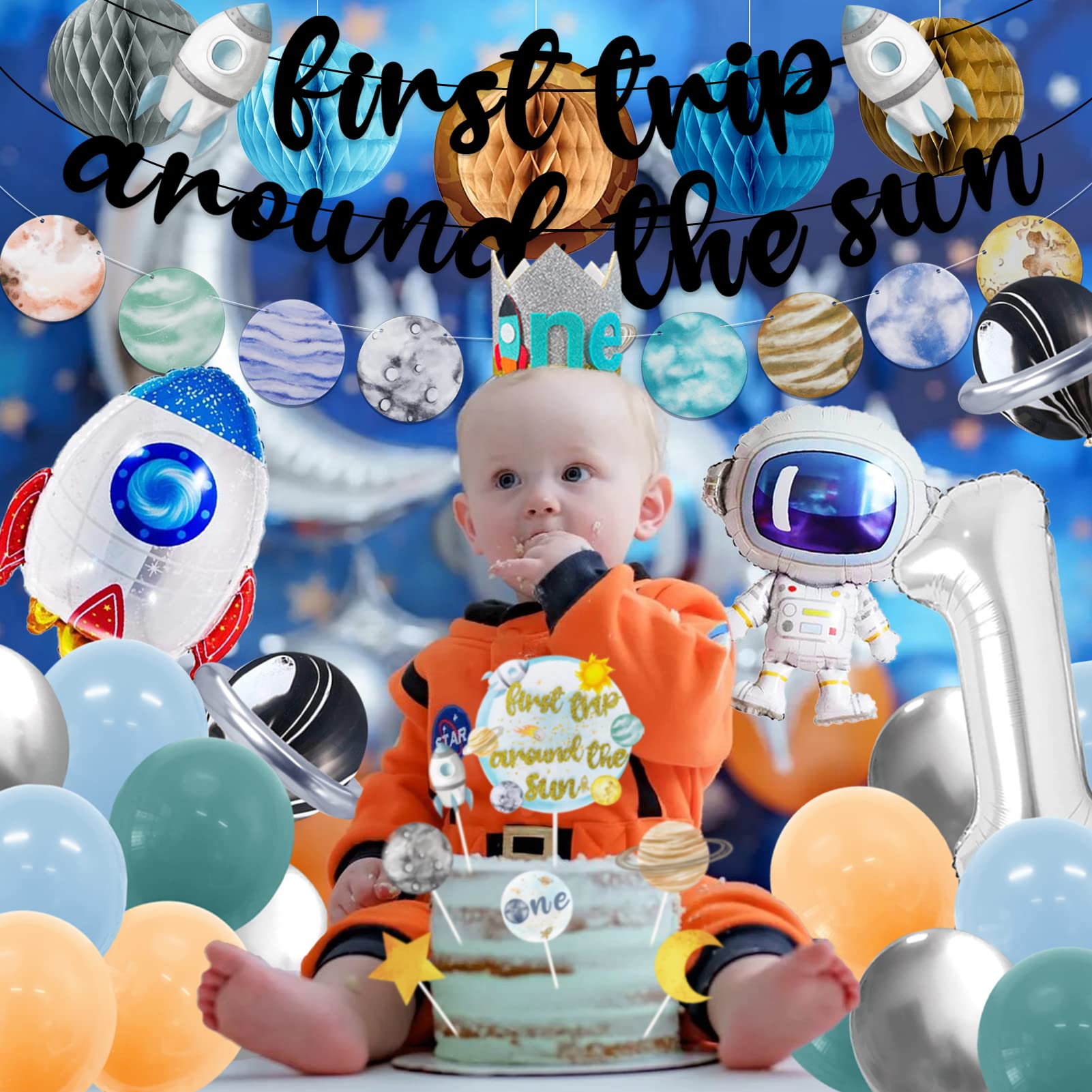 First Trip Around The Sun Birthday Party Decoration Pack, 1st Baby Shower Birthday Party Supplies Include Banner, Star Garland, High Chair ONE Banner, Cake Toppers, Latex and Foil Balloons, Felt Hat