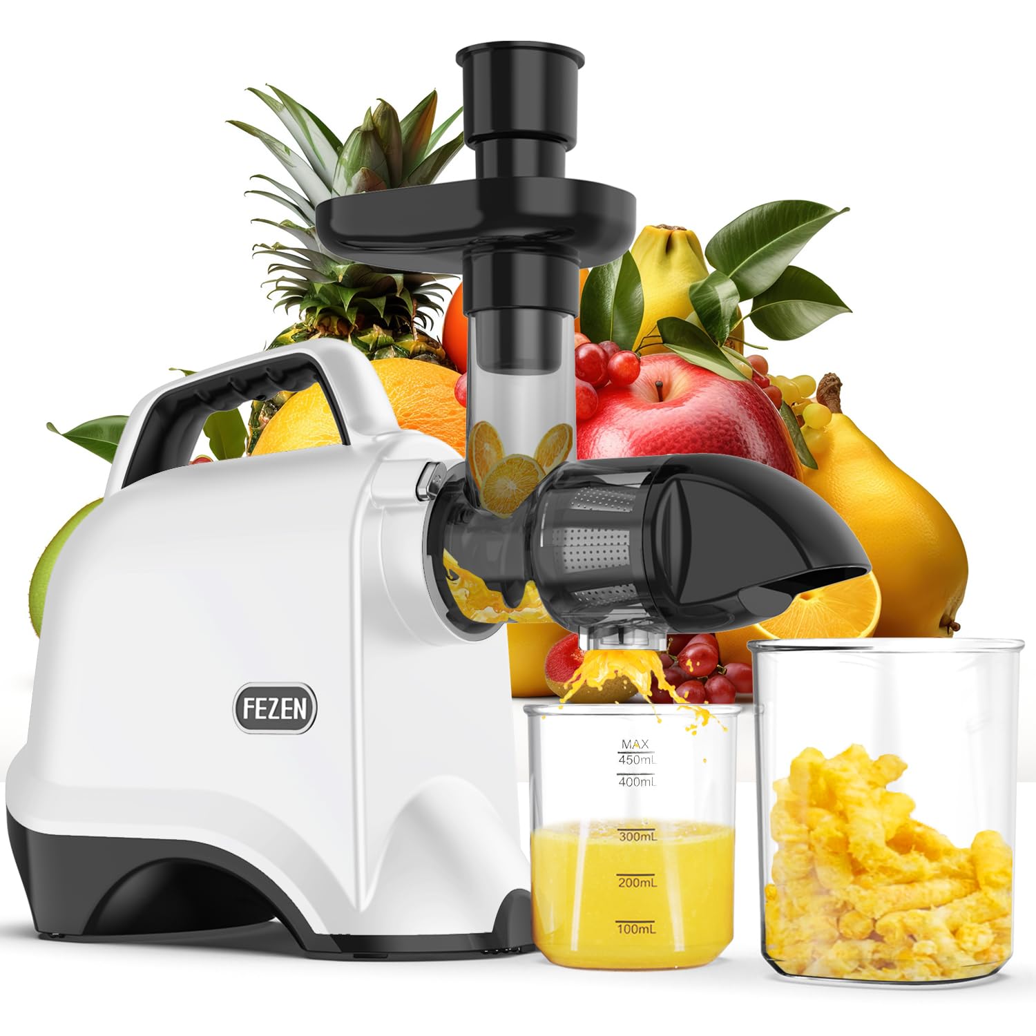 Juicer Machines, Fezen Slow Cold Pressed Juice Extractor for Fruits and Vegetables, 90% Juice Yield, Quiet Motor & Reverse Function, Easy to Clean Masticating Juicer, BPA FREE, with Brush & Recipes