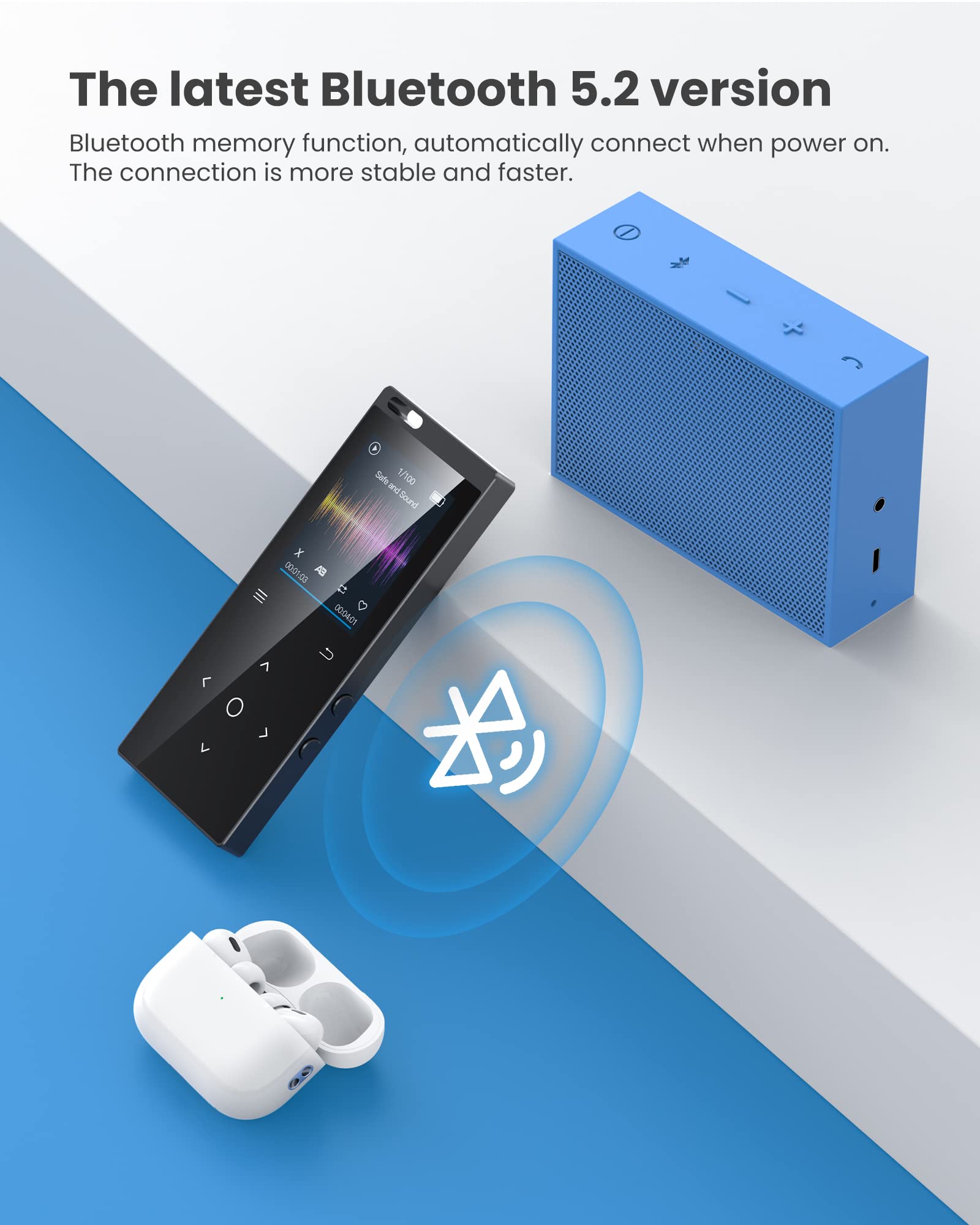 DODOSOUL 64GB MP3 Player, Music Player with Bluetooth 5.2, Shuffle, Single Loop, FM Radio, Built-in HD Speaker, Voice Recorder, Mini Design, HiFi Sound, Ideal for Sport, Earphones Included