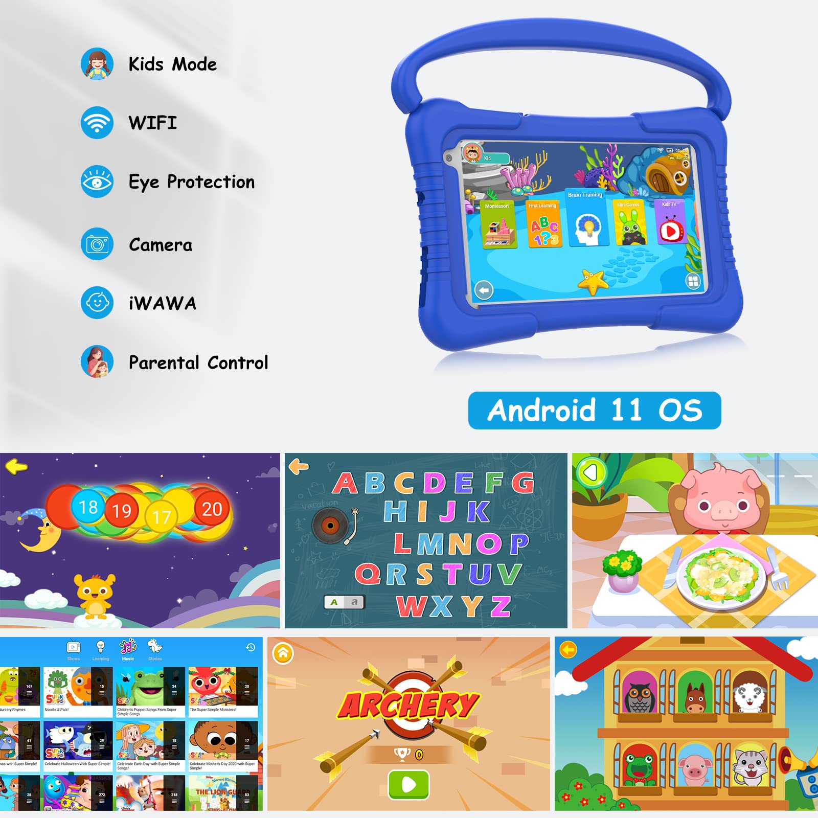 7 Inch Kids Tablet, Quad Core Android 11 Toddler Tablets, Children Tablet with 32GB Storage 2GB RAM WiFi BT Shockproof Case Dual Camera Educationl Games Parental Control, Kids Software Pre-Installed.