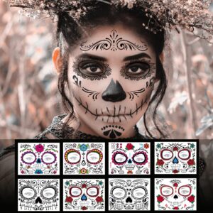 8 pack day of the dead sugar skull face temporary tattoo halloween makeup tattoo stickers for halloween masquerade party