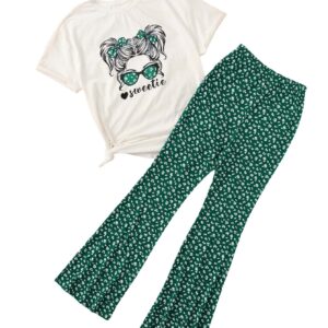 SOLY HUX Girl's Two Piece Outfits Summer Tops Short Sleeve T-Shirt Figure Graphic Tee and Pants Bell Bottom Flared Pants Set White and Green 11 Years