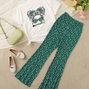 SOLY HUX Girl's Two Piece Outfits Summer Tops Short Sleeve T-Shirt Figure Graphic Tee and Pants Bell Bottom Flared Pants Set White and Green 11 Years