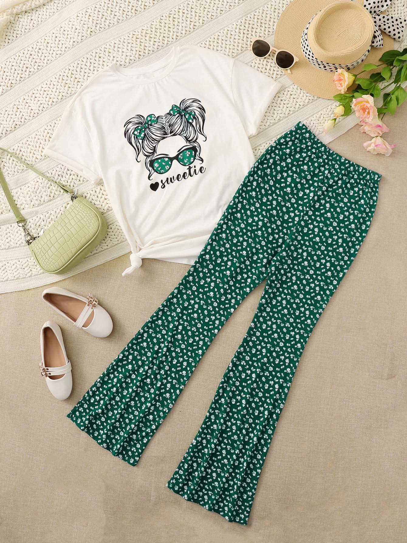 SOLY HUX Girl's Two Piece Outfits Summer Tops Short Sleeve T-Shirt Figure Graphic Tee and Pants Bell Bottom Flared Pants Set White and Green 11 Years