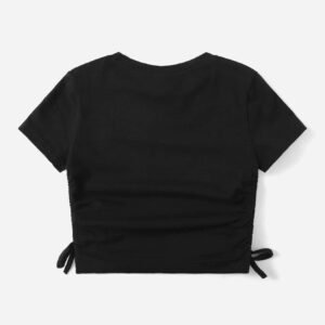 SOLY HUX Girl's Crop Top Graphic Tee Summer Drawstring Side Tie Knot Hem Round Neck Short Sleeve T-Shirts Black 11-12Y