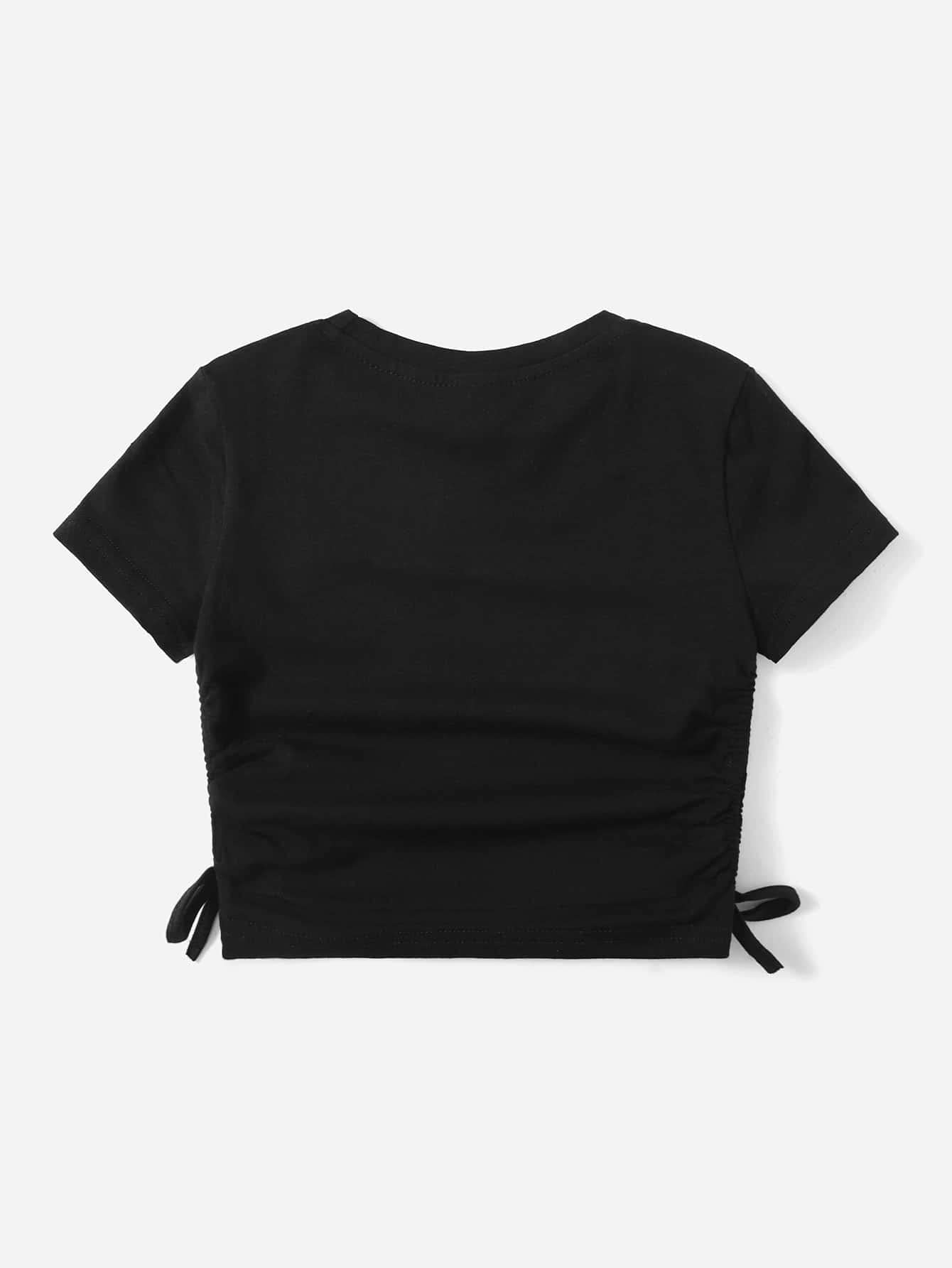 SOLY HUX Girl's Crop Top Graphic Tee Summer Drawstring Side Tie Knot Hem Round Neck Short Sleeve T-Shirts Black 11-12Y