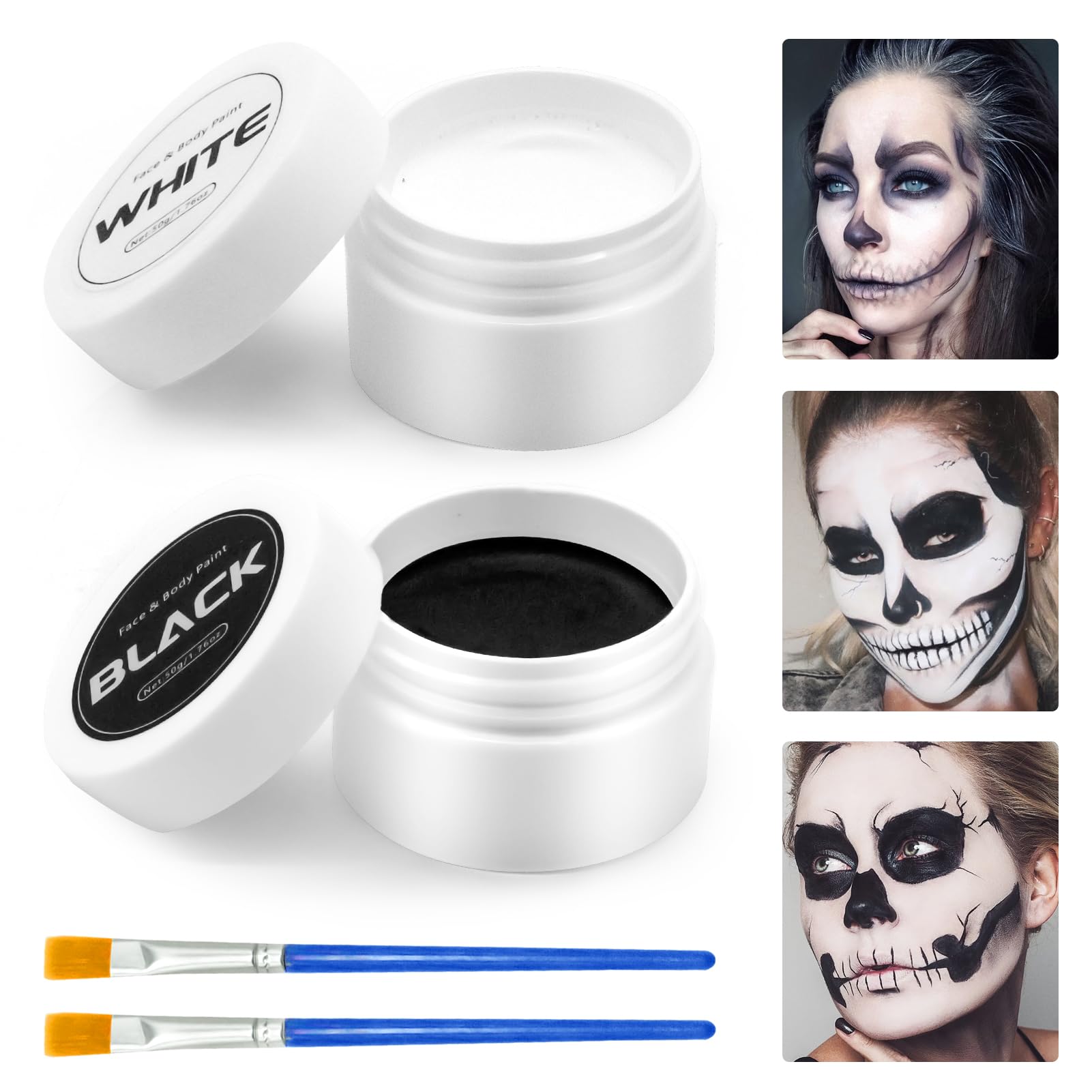 ALNILK Black Face Paint Clown White Makeup, Halloween Cosplay SFX Makeup Black + White Face Body Paint Special Effects Makeup Kit, Oil Based Face Body Paint Face Paint for Art Theater