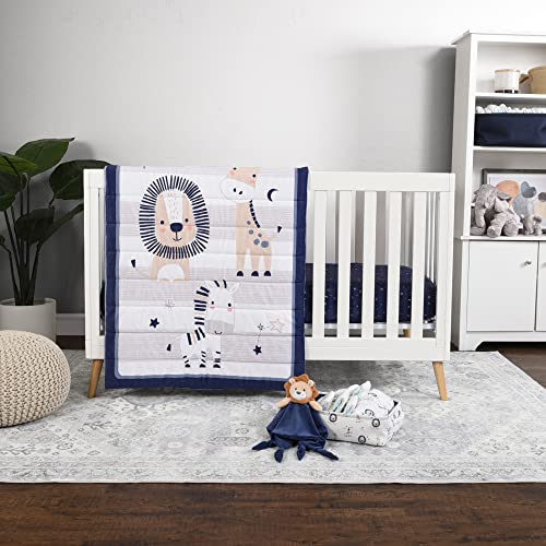 EXPRESSIONS 5 Piece Crib Bedding Set, Safari Includes Reversible Milestone Baby Blanket, 2 Standard Fitted Crib Sheets, Security Blanket & Storage Tote