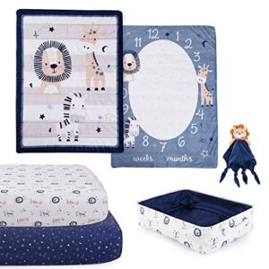 EXPRESSIONS 5 Piece Crib Bedding Set, Safari Includes Reversible Milestone Baby Blanket, 2 Standard Fitted Crib Sheets, Security Blanket & Storage Tote