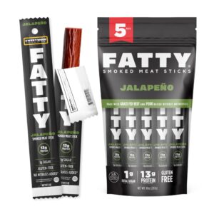 fatty meat sticks, grass-fed beef, high protein snack, camping, sports, road trip, low carb, gluten free, msg free, nitrate free, jalapeno flavor, 2 ounce (5 sticks)