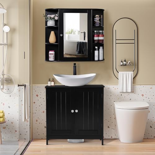 Iwell Pedestal Sink Storage Cabinet with 2 Doors and Shelf, Under Sink Cabinet, Bathroom Sink Cabinet with U-Shape, Black