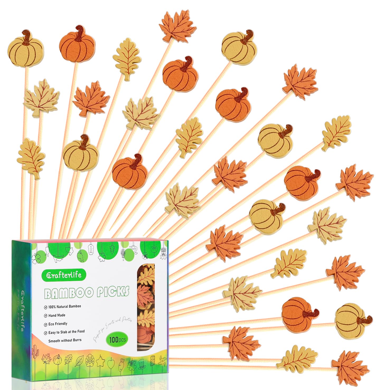 Pumpkins Maple Leaves Fall Cocktail Picks Autumn Theme Toothpicks Fruit Drinks Dessert Sticks Food Sandwich Appetizer Charcuterie Skewers, for Thanksgiving Day Decorations Party Supplies (100)