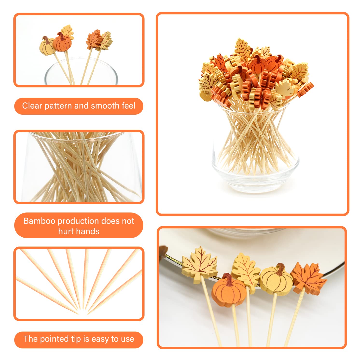 Pumpkins Maple Leaves Fall Cocktail Picks Autumn Theme Toothpicks Fruit Drinks Dessert Sticks Food Sandwich Appetizer Charcuterie Skewers, for Thanksgiving Day Decorations Party Supplies (100)