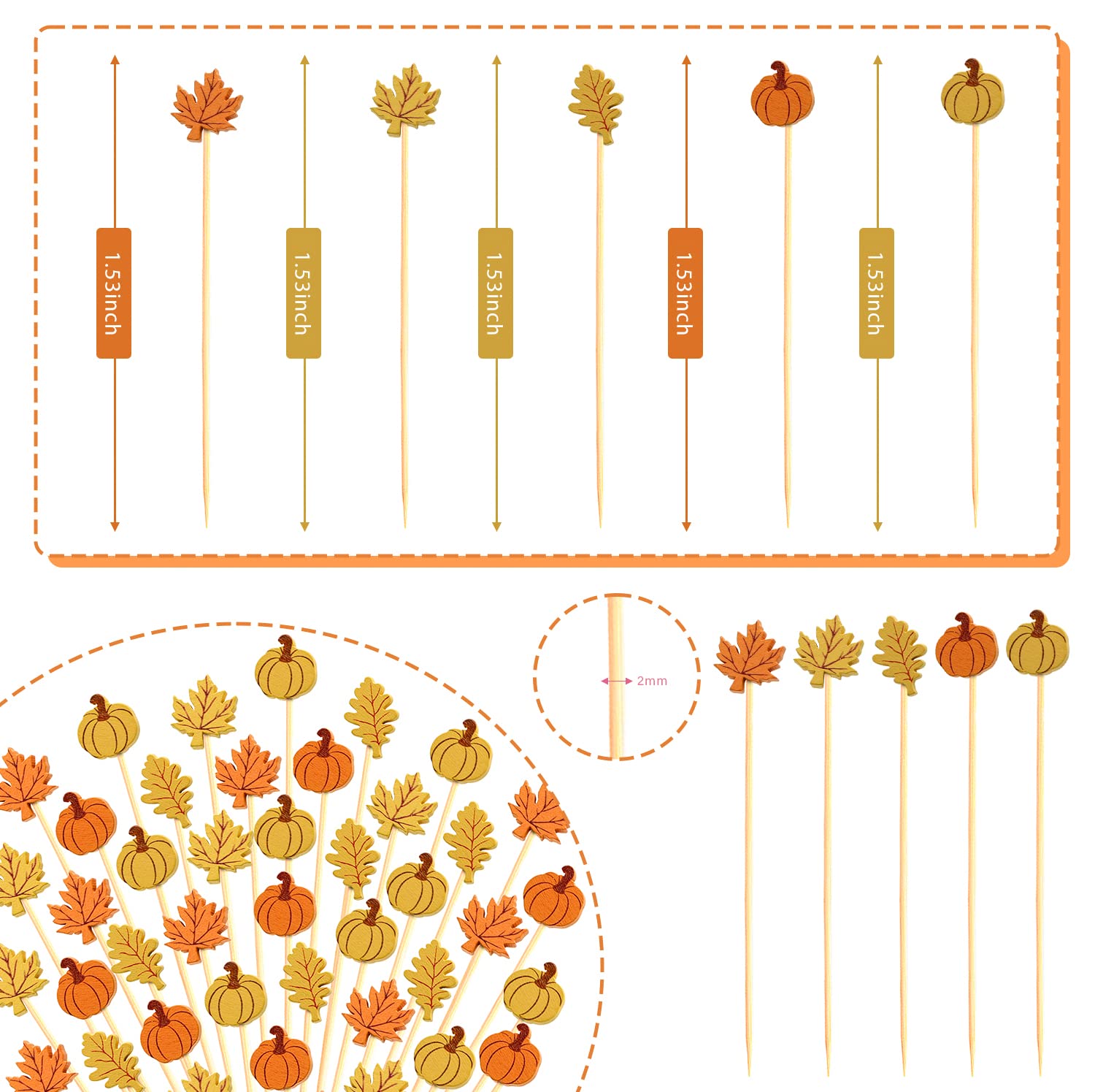 Pumpkins Maple Leaves Fall Cocktail Picks Autumn Theme Toothpicks Fruit Drinks Dessert Sticks Food Sandwich Appetizer Charcuterie Skewers, for Thanksgiving Day Decorations Party Supplies (100)