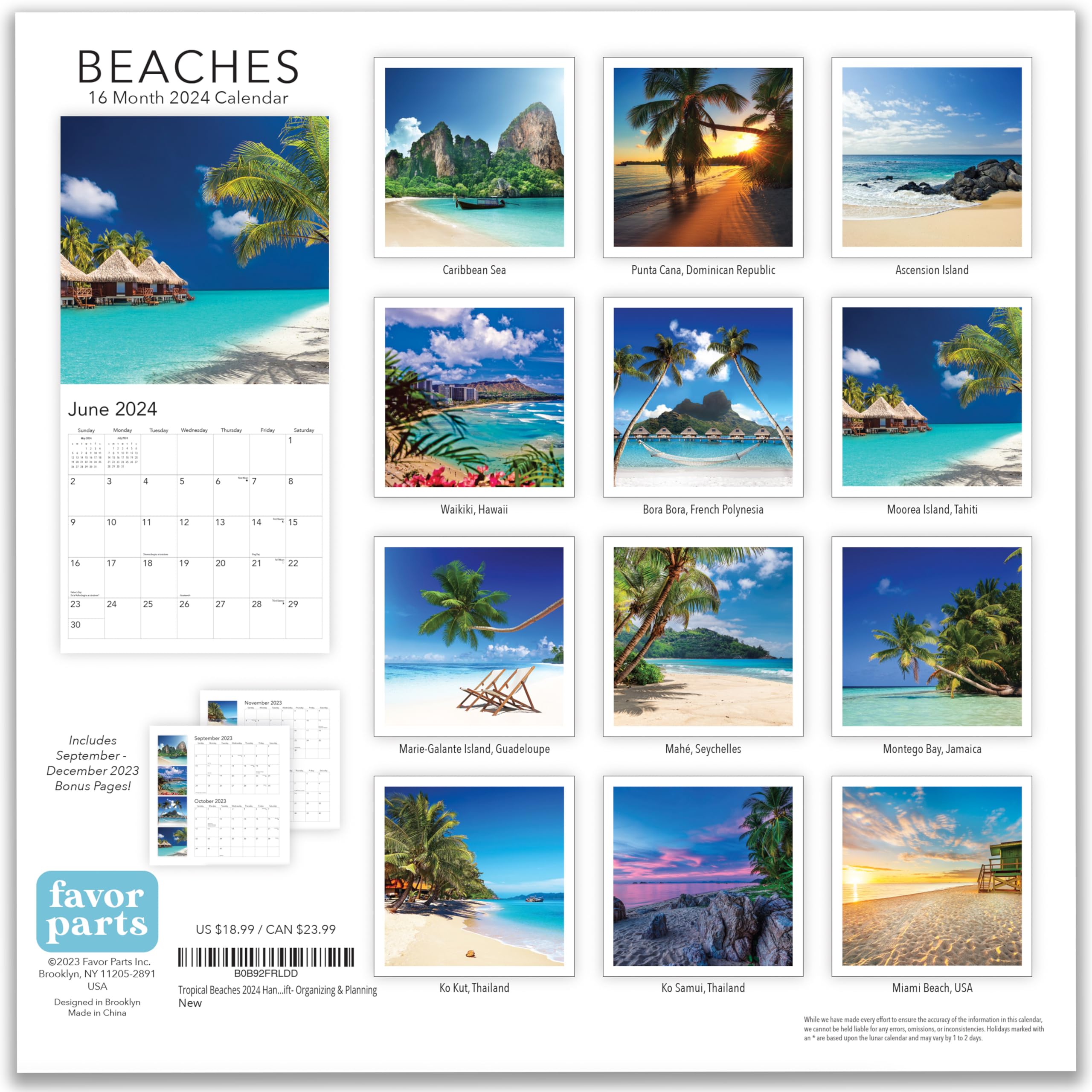 Tropical Beaches 2024 Hangable Wall Calendar - 12" x 24" Open - Sturdy & Thick Large Full Page 16 Months & Travel Vacation Beach Paradise Photography Photo Gift- Organizing & Planning - Includes 2023