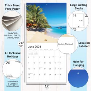 Tropical Beaches 2024 Hangable Wall Calendar - 12" x 24" Open - Sturdy & Thick Large Full Page 16 Months & Travel Vacation Beach Paradise Photography Photo Gift- Organizing & Planning - Includes 2023
