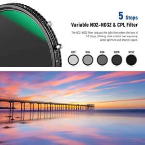 NEEWER 2 in 1 67mm Variable ND Filter ND2–ND32&CPL Filter(Circular Polarizer Filter) No X Cross/30 Layer Nano Coated/HD Optical Glass/Ultra Slim Aluminum Alloy Frame/Water Repellent/Scratch Resistant